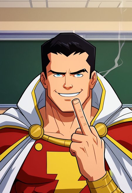 High Quality,  Shazam,  solo, 1man,  black hair, blue eyes, red suite, white cape, red hero suite, muscle body, smoking marijuana, ecstasy face, classroom, raised eyebrow, mischievous smile, looking at viewer, giving middle finger,