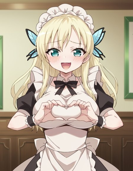 score_9, score_8_up, score_7_up, source_anime, <lora:sena-kashiwazaki-s2-ponyxl-lora-nochekaiser:1>, sena kashiwazaki, long hair, blonde hair, hair ornament, aqua eyes, butterfly hair ornament, large breasts,, <lora:moe-moe-kyun-ponyxl-lora-nochekaiser:1> heart-shaped boob challenge, moe moe kyun! heart hands, enmaided, maid, maid headdress, apron, maid apron, ,, open mouth, blush, embarrassed, clsoed eyes, smile,, cowboy shot