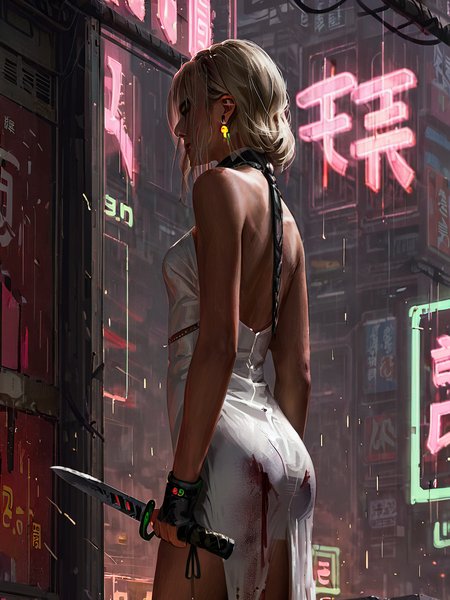 a woman from behind standing in front of a neon sign with a knife in her hand and a knife in her hand, Bayard Wu, cyberpunk style, cyberpunk art, neo-figurative <lora:guweiz:0.7>,
sword, 1girl, solo,
epic realistic, (dark shot:1), 1girl, ninja floating, textured clothing,
smoke, (((sandstorm))), (flying stone), (((dust explosion:1))), wind,
blonde hair, smile, shy smile, high heels, earring, collar, (white dress:1.5),
(masterpiece, high quality, best quality:1.3), (natural shadows, detailed shadows:1.5),  <lora:SDXLHighDetail_v5:0.5>
