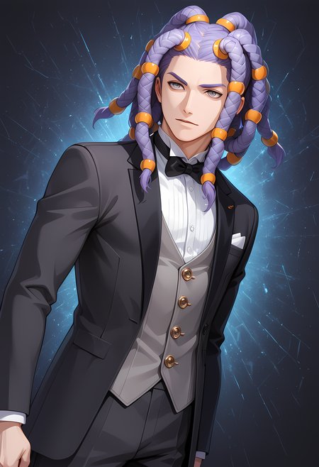 masterpiece, best quality, amazing quality, dutch angle, abstract background, BREAK
1boy, solo, male focus, dds_cielo, purple hair, dreadlocks, grey eyes, black tuxedo, bow tie, formal, BREAK
<lora:cfg_scale_boost:.6>  <lora:Cielo_-_Digital_Devil_Saga_-_ILXL:0.8>