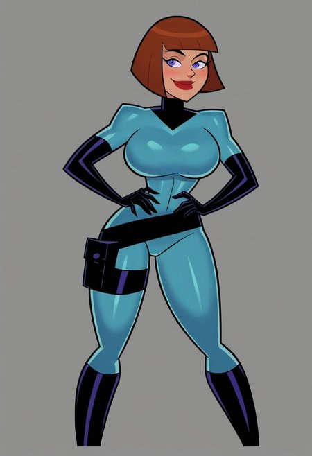 Solo, m_fenton, auburn hair, purple eyes, red lips, bob cut, blue rubber jumpsuit, black hip holster, utility pouch, black gloves, black boots
Big tits, massive breasts,(hands on hips)
Blushing, smile, score_9, score_8_up, score_7_up, score_6_up,
