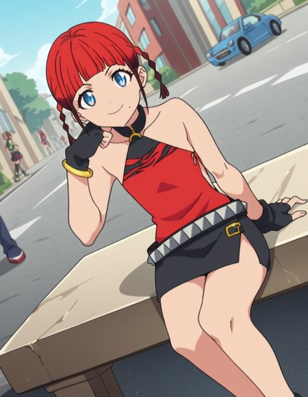 score_9, score_8_up, score_7_up, source_anime, <lora:chise-asukagawa-s1-ponyxl-lora-nochekaiser:1>, chise asukagawa, short hair, blue eyes, braid, red hair, multicolored hair, mole, twin braids, gradient hair, mole under mouth, anime screencap,, skirt, gloves, bare shoulders, jewelry, belt, fingerless gloves, bracelet, sleeveless, red shirt, black skirt,, street, cars, buildings, city, people, smile, sitting, elbow rest, table,, looking at viewer, solo,, dutch angle, cowboy shot