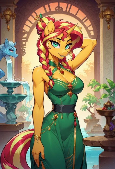 score_9, score_8_up, score_7_up, Sunset Shimmer_(mlp), anthro, hourglass figure, massive bust, twinbraids hair, large tits, tail looking at viewer , toward viewer, green masquerade dress, hand behind head, oriental fountain