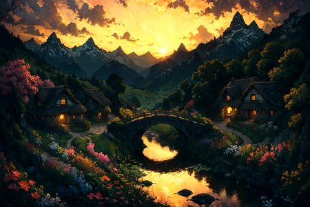 Imagine a serene landscape set during the golden hour, with the sun casting its warm glow over a picturesque village nestled in the rolling hills of the countryside. In the foreground, a crystal-clear stream meanders through lush green fields dotted with wildflowers of every hue, reflecting the vibrant colors of the sky as day transitions to evening. An ancient stone bridge spans the stream, leading to the village where quaint cottages with thatched roofs and flowering vines climbing up their walls emit a welcoming glow from their windows. In the distance, majestic mountains stand guard, their peaks just catching the last light of the sun. This tranquil scene is alive with the sounds of nature: the gentle flow of water, the soft rustle of leaves in the breeze, and the distant call of birds heading home. The whole composition invites the viewer into a timeless moment of peace and beauty, untouched by the rush of modern life. <lora:Lost_In_Dreams:0.7> <lora:xl_more_art-full_v1:0.6>, (masterpiece:1.2), best quality, (hyperdetailed, highest detailed:1.2), high resolution textures