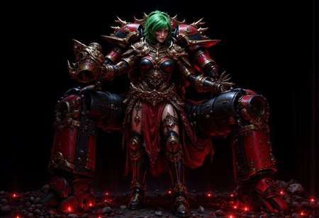 Female Space Marine with green hair with a dark background, she is strapped to a Penitent Engine (large bipedal combat walker used by the Ecclesiarchy as a form of punishment for being a Heretic) while surrounded by glowing red enbers from the remains of the dead