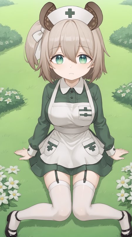 score_9, score_8_up, score_7_up,anime_source, source_anime, best background, detailed background, anime screencap, 4k, upscale,  Nimi_Nightmare, green eyes, nurse cap, 1girl, pose, green dress, long sleeves, hair between eyes, black footwear, brown hair, white apron, animal ears, thighhighs, hair bow, large breasts, full body, sitting wariza, outdoors,  <lora:Nimi_Nightmare_PONY:0.8>