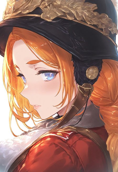 gbf_style, redcoat,, 18cera, napoleonera, victorianera, ww1era, amazing quality, masterpiece, great quality, high detail, hdr, high definition, simple background, white background, alone, solo, close up, portrait, side view, 1woman, adult, adult woman, prussian helmet, blue eyes, slim eyebrows, orange hair, long hairstyle, english clothes,