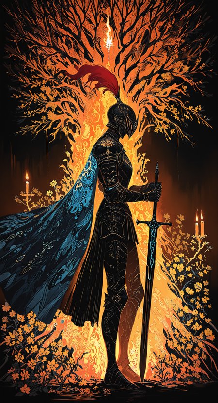 masterpiece, best quality, good quality, very awa, newest, highres, absurdres, solo, holding, standing, flower, weapon, sword, holding weapon, cape, armor, from side, tree, holding sword, helmet, fire, shoulder armor, 1other, gauntlets, pauldrons, yellow flower, breastplate, red cape, branch, candle, blue cape, greaves, planted, knight, full armor, ambiguous gender, planted sword, black armor, covered face, orange theme, helm, greatsword, plume, limited palette, sketch, glowing, psychedelic, <lora:illustriousXL_stabilizer_v1.23:0.3> <lora:NOOB_vp1_detailer_by_volnovik_v1:0.3> <lora:ponyv6_noobE11_2_adamW-000017:0.3> <lora:114558v4df2fsdf5:1> <lora:mon_monmon2133:0.6>