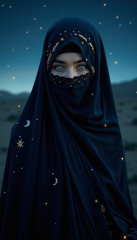 photorealistic image of a hijabi arab woman enveloped in a dark, flowing veil that is adorned with tiny, glowing stars. Her bright light green eyes, the only visible feature, are captivating, glowing softly under the moonlight. The background is a serene night sky filled with shimmering stars and subtle light rays, giving her an almost celestial aura.

a rich, flowing velvet fabric for her abaya that absorbs light, giving her outfit a soft, matte finish.celestial-themed jewelry accents, such as small moon and star charms on her veil and earrings, enhancing the mystical feel.a delicate lace trim with star motifs along the edges of her veil and abaya, highlighting her elegance and modesty.softly glowing hijab pins shaped like stars or moons, securing her veil in place with elegance. gold leaf detailing on her abaya’s borders, reflecting the light and adding a touch of elegance to her outfit.a midnight blue hijab with subtle, woven patterns that resemble constellations, contrasting gently with her dark abaya.Line the inside of her abaya sleeves with a soft, shimmering silk fabric that shows when she moves, adding a luxurious touch.

 gentle light rays filtering through the background, adding a sense of depth and illuminating her figure subtly.Highlight the intricate lace detail on her veil with soft lighting, emphasizing its texture and craftsmanship.a faint, silhouetted landscape in the background, such as a distant mountain or sand dune, lightly illuminated by the starlight.

Her facial aesthetics include a soft shadow under her eyes, giving them depth and enhancing her intense gaze.a soft, glossy finish to her lips, making them look hydrated and defined.slight, natural eye bags to add depth and a hint of realism to her serene appearance.a soft highlight under her eyebrows, accentuating their natural arch and shape.

Standing with one hand holding prayer beads, the other hand raised in a gentle gesture of blessing.




