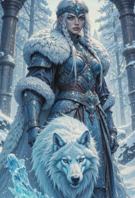 A female warrior of ice and vengeance, the Frostbound Valkyrie emerges from the frozen tundras clad in glistening armor forged from enchanted permafrost. Her braided silver hair carries the chill of eternal winter, and her breath fogs the air with each exhale. Her piercing ice-blue eyes shine with the determination of a thousand battles. In her hand, she wields a colossal frost-encrusted warhammer, its head shimmering with a frozen aura capable of shattering even the strongest defenses. A spectral wolf, composed of swirling snow and ice, stalks at her side, its eyes glowing with a feral light. Wherever she treads, frost blooms and the whispers of fallen warriors drift on the icy wind. <lora:FluxMythG0thicL1nes:0.6> <lora:FluxMythR3alisticF:0.5> <lora:RetroAnimeFluxV1:0.6> <lora:OB半写实肖像画V2.0:0.6>
