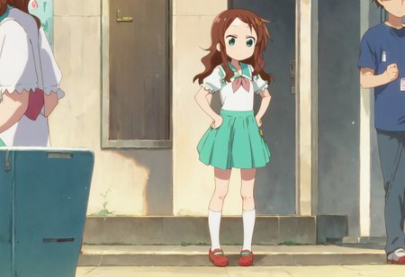 rikos, saisch, long hair, green skirt, brown hair, hair ornament, green eyes, flower, hair flower, school uniform, shoes, socks, uwabaki,  thighhighs,    standing,   score_9, score_8_up, score_7_up, ,source_anime, best quality, masterpiece,   , full body view,  1girl , solo , girl focus , hands on hips,