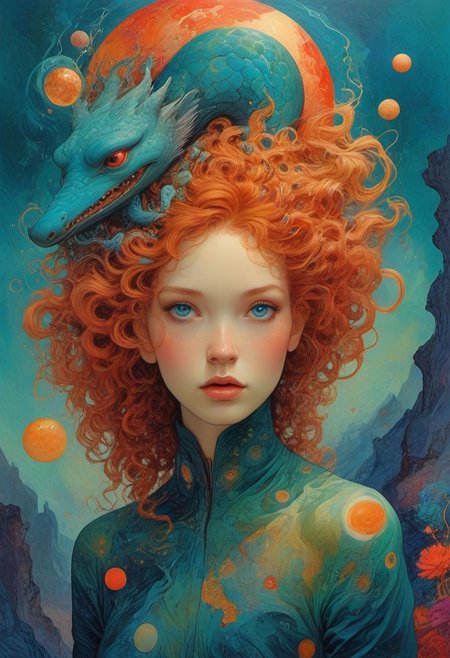 James Jean and Salvador Dali, The composition includes evil female,  curly red hair with glitter, The composition includes beautiful, exotic, magical, surreal,  full view, Long teal curly hair,  planet  intricately detailed,  the surreal figure of Long teal curly hair,g0thicPXL,woodland freckled fairy, masterpiece, retro style, art by Sergio Lopez , Natalie Shau,  view, create a sense of detailed, abstract, trippy, 60s style, op art,  cell shaded, 8k. The composition includes overlapping circles, sharp-edged polygons,