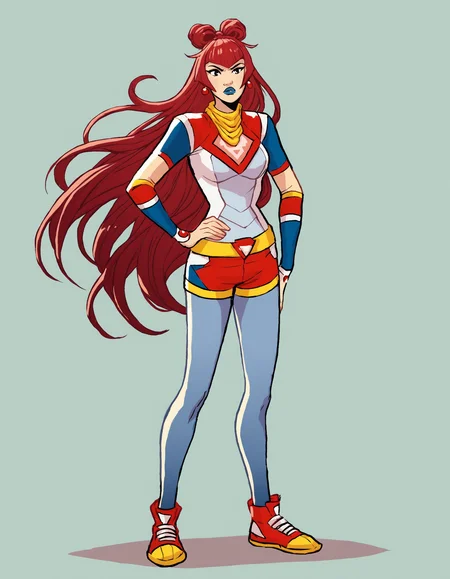 mollygau, 1girl, blue lips, solo, long hair, makeup, lipstick, hand on hip, pantyhose, full body, shorts, double bun, bangs, breasts, red hair, blunt bangs, sneakers, jewelry, earrings, standing, medium breasts, very long hair, yellow scarf, red shorts, bodysuit, black eyes  <lora:MollyGauPony1.0JLFO:1>, looking at viewer, hand on own hip, cowboy shot,, score_9, score_8_up, score_7_up, score_6_up, score_5_up, score_4_up