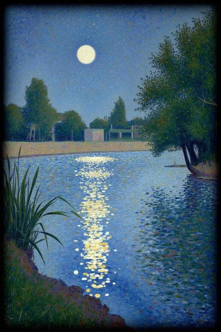geoseu1 pointillist painting.
A tranquil river at night, running from the bottom left corner to the right, with its surface rippling and reflecting the soft, diffused light. The water's surface is a calming shade of blue, subtly shimmering with a hint of yellow where the sun or moonlight touches it. There is a full moon on the sky, and we see a reflection in the water. There are reeds and trees in the background. <lora:geoseu1_cap_d6a3e12:1.0><lora:821050752022731631:0>