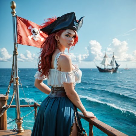 1girl, pirate, red hair, pirate flag, <lora:The_Deep_Dark_Ocean-SD1.5PonySDXLFlux:0.5>, deepdarkocean, BREAK score_9, score_8_up, score_7_up, best quality, masterpiece, 4k, prefect lighting, very aesthetic, zPDXL2