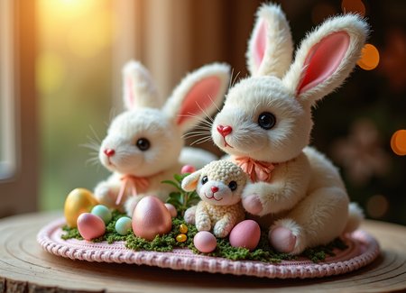 , mosaic, festive, easter bonnet (women's hat with decorations), bunnies stuffed animals, lamb dish,  , soft, warm lighting