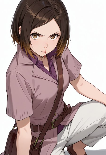 Smooth Quality,masterpiece,very intricate, high quality details, ultra realistic, high detailed skin,detailed enviorement,absurdres,
simple background, white background,solo,
crouching, one hand on ground, other on knee, intense gaze, balanced stance,  ,sideways,nosebleed,
 <lora:Kirara_Mizutani_cnn:0.8> 1girl, short hair, brown hair, multicolored hair, two-tone hair, brown eyes, at viewer, upper body,shirt, short sleeves, collared shirt, coat, pants, purple shirt,brown belt, shoulder bag,