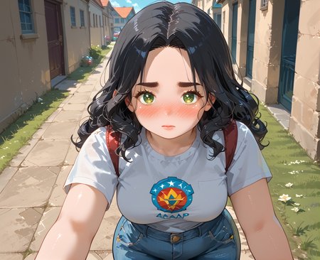 IllusP0s, PonyScores7, source_anime, ah1, IllustriousQual, interesting, exciting, spectacular, wonderful, <lora:natsumi_style:0.5>, <lora:by_usakun-pony:0.4>, by usakun, <lora:Akina_Bbw_Style_-_PonyXL:0.2>, AkinBw,
BREAK (rockabilly fashion style, influenced by 1950s rock and roll culture, features retro dresses, high-waisted jeans, and vintage hairstyles, conveying a fun and nostalgic aesthetic),
BREAK 1girl, mature female, (round face:1.2), (thick eyebrows:1.3), (curvy), round-chin, caucasian, (plump face), <lora:Round_face:0.2>, <lora:ETO_OC_Illustrius:0.5>, eto_oc, skindentation, (plump), thick thighs, wide hips, busty, voluptuous, lips, <lora:venus body PonyXL:0.3>, <lora:shinyskin2:0.2>, glistening skin,
BREAK  (curly hair), long hair, (black hair:1.4), (parted hair:1.7), messy hair, kinky curls, <lora:hairdetailpxl:0.2>, hairdetailpxl,
BREAK (half green and brown eyes), (colorful eyes), (multicolored eyes), (downturned eyes:1.4), <lora:expressive eyes:0.2>, expressive eyes, <lora:eyedetailpxl:0.2>, eyedetailpxl, <lora:Eyes_High_Definition:0.2>, EyesHD,
BREAK ((full-face blush, shy,  averting eyes, embarrassed, timid)), <lora:Expressive_H:0.2>, Expressiveh, <lora:Emotional_Anime_Expressions_PonyXL_Concept:0.2>, emotional, <lora:Best_Facial_Expression_LoRA_PONY:0.2>, looking at viewer, <lora:Detailed expressive EXEV style -XL Pony V1.0:0.2>, FaceDetail,
BREAK ((selfie,hyper realistic gopro action photo)),
BREAK (Blue and Gray bright red graphic tee with denim cut-offs and white sneakers),
BREAK (((bo-kaap, a vibrant neighborhood known for its colorful houses and rich cultural heritage))),
BREAK <lora:xl_more_art-full_v1:0.2>, <lora:aesthetic_anime_v1s:0.2>, <lora:EpicF4nta5yXL:0.2>, <lora:detailxl:0.2>, detailxl, <lora:Fant5yP0ny:0.2>, best quality, amazing quality, best aesthetic, absurdres, illustration, Volumetric_Lighting, ultra-detailed, very aesthetic, intricate details, 8k, masterpiece, best_quality
BREAK Stable_Yogis_PDXL_Positives, AS-Adult, <lora:Complicated fantasy portrait - XL Pony V2.0:0.2>, bad-hands-5, <lora:HDA_Detailer:0.3>, HDA_FatGirlXL,