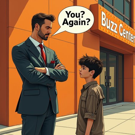 picture of a man standing in a louis vuitton suit with crossed arm in front of a luxury orange building, building with ad illuminated sign saying "Buzz Center", the man is saying " You? Again??" in a white comic bubble,the man is looking down to a homeless child. the child has messy hair with old and dirty clothes,