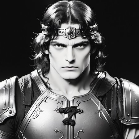 score_8_up, score_7_up, score_6_up, ArsMovieStill, 20s Silent Movie Still, Black and White, simon belmont, simonbel, leather armor, jeweled headband, stylized breastplate, single pauldron, close up, (((realism))), looking at viewer, (((black and white film))), (((monochrome))), muscular, 
