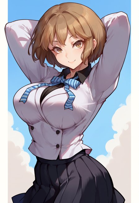 score_9, score_8_up, score_7_up, source_anime, BREAK, solo, 1girl, smile, looking at viewer,  <lora:Io-pdxl_Fp:1>, iodesu2, short hair, brown hair, brown eyes, school uniform, ribbon, collared shirt, black skirt, arms behind head, large breasts,