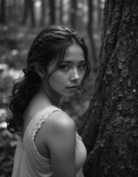 a girl with sexy pose,Crimped hair,Gray,angle from above,Aokigahara Forest Japan,detailed masterpiece most beautiful artwork in the world Ultrarealistic,Ilford HP5+ 400,Lens Flare,<lora:real-lora:1>