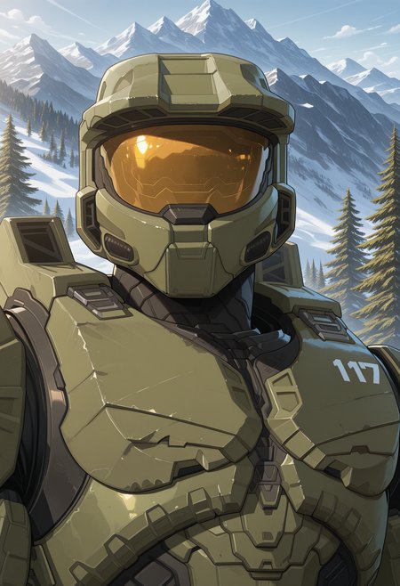 solo, portrait, masterchief, helmet, assault visor, bara, male focus, power armor, outisde, tree, mountain, scenery,
perfect anatomy, masterpiece, perfect quality, best quality, detailed, newest, very aesthetic 
<lora:Illustrious\MasterChief_Halo_V1_ILXL:1.0>