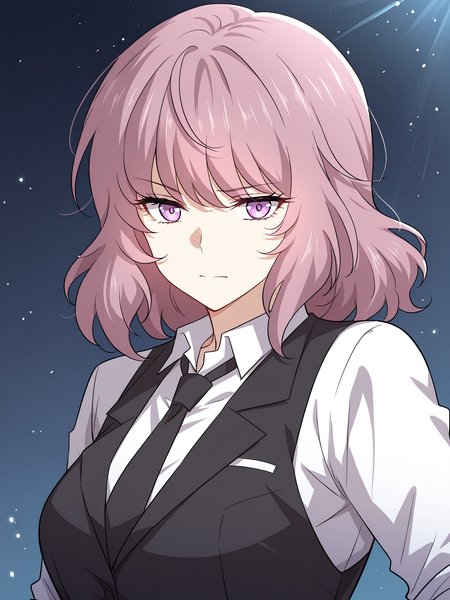 <lora:Immortal_Swordsman_In_The_Reverse_World__Chu_Xiao:1>
1 girl, solo, medium hair, wavy hair, pink hair, purple eyes, 
white collared shirt, black vest, black dress pants, black necktie, office outfit, sleeves rolled up, formal clothing,
score_9, score_8_up, score_7_up, score_6_up, source_anime, rating_explicit, masterpiece, best quality, intricate details, gothic fantasy, upper body portrait, dramatic pose, confident gaze, cinematic lighting, clean background, glowing magical particles, detailed face, vibrant colors