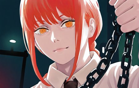(foreshortening:1.358),(grab the chain:1.4),pov,hand up,chain from viewer,low angle,
very awa,masterpiece,best quality,newest,highres,absurdres,street light,(Top light),
1girl,makima \(chainsaw man\),solo,shirt,looking at viewer,necktie,short hair,collared shirt,formal,bangs,white shirt,closed mouth,medium hair,serious,closed mouth,Posterize,red hair,braid,yellow eyes,evil smile,CSMcover-style,
<lora:CSMcover-style_noob11_v2-000280>,masterpiece,best quality,amazing quality,very aesthetic,highres,absurdres,