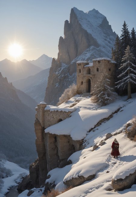 (ruins, broken, snow, dappled sunlight:1.2), sun, tree, forest, scenery, rock, reflection, ancient, overgrown, mountains, sunset, clouds, mountainous horizon, fantasy, medieval, 1other, looking away (masterpiece, exceptional, best aesthetic, best quality, masterpiece, extremely detailed:1.2), in the style of umempart
 (8k uhd:1,4)
 <lora:add-detail-xl:1>
 <lora:Dynamic Poses:1>