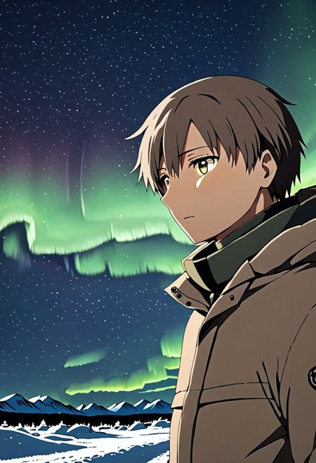 high resolution, solo, best quality, 1Boy, Takaki Toono, Brownish Hair, Brown Eyes, winter, Northern Lights, Stargazing, OverallDetail