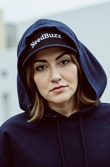 cinematic photo <lora:Dilan Yesilgoz:1.6> Dilan Yesilgoz wearing hoodie and a cap with the text "NeedBuzz", (masterpiece, best quality, high quality, highres, ultra-detailed), . 35mm photograph, film, bokeh, professional, 4k, highly detailed, detailed skin texture, (blush:0.2), (goosebumps:0.3), subsurface scattering, RAW candid cinema, 16mm, color graded portra 400 film, remarkable color, ultra realistic, textured skin, remarkable detailed pupils, realistic dull skin noise, visible skin detail, skin fuzz, dry skin, shot with cinematic camera