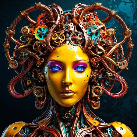 sfw,  dynamic splashes, bright colors, high contrast,  closeup of a  cybernetic medusa made of roast gears with colourful metal , hyperdetailed, photorealistic,<lora:challenge\gearstyle-000001.safetensors:0.8500000000000002:0.8500000000000002>