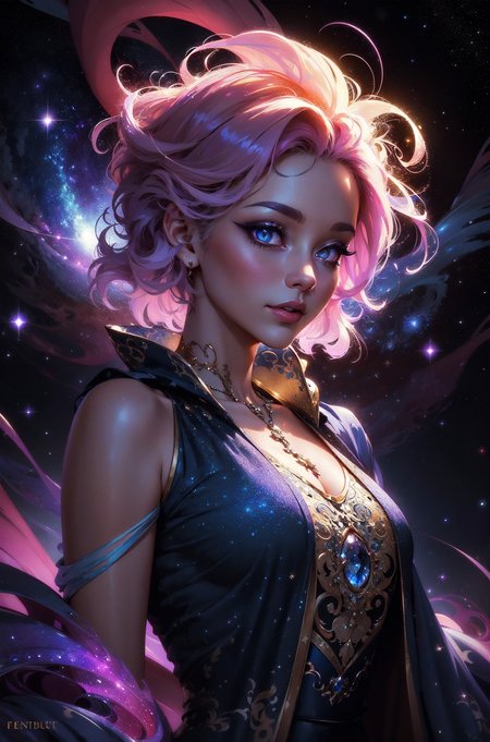(in Don Bluth style:1.4), (masterpiece:1.2), (female sentient cloud being, wispy form composed of swirling stardust and nebula gas, attire a symphony of celestial bodies galaxies draped like scarves, comets as sashes, rendered in a cosmic abstract style with swirling brushstrokes, wearing unique Avant-garde masterpiece attire and headdress:1.1), (bathed in the diffused glow of a neutron star, set against the backdrop of colliding galaxies, fiery tendrils of energy weaving between them, Background is a Deep space, a churning vortex of color and light:1.1), (hyperdetailed:1.1), (intricate details:1.0), (Refined details:1.1), (best quality:1.1), highly detailed textures, (very stylish detailed modern haircut, mesmerizing detailed radiant face, mesmerizing detailed beautiful eyes:1.2)