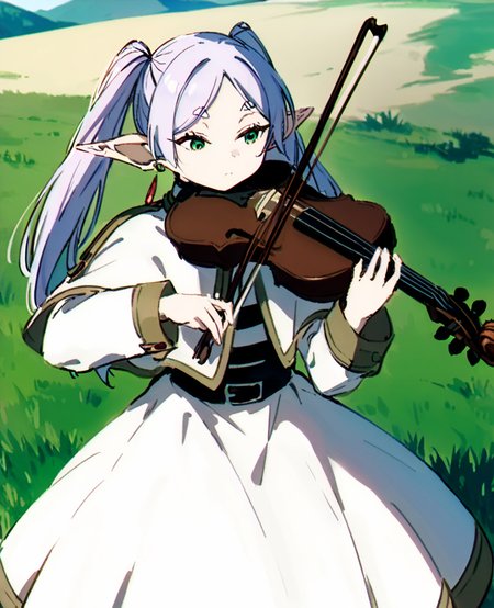 <lora:xtq:0.7>,violin,instrument,playing instrument,holding,bow \(music\),holding instrument,<lora:Vincent_Sketch_Manga:1>,daiton,<lora:fulilian:1>,fll,elf,twintails,long hair,pointy_ears,earrings,belt,dress,long sleeves,capelet,white dress,green eyes,wilderness,outdoors,grassland,, masterpiece,best quality,very aesthetic,absurdres,8k,<lora:ä¿®æsl:1>,