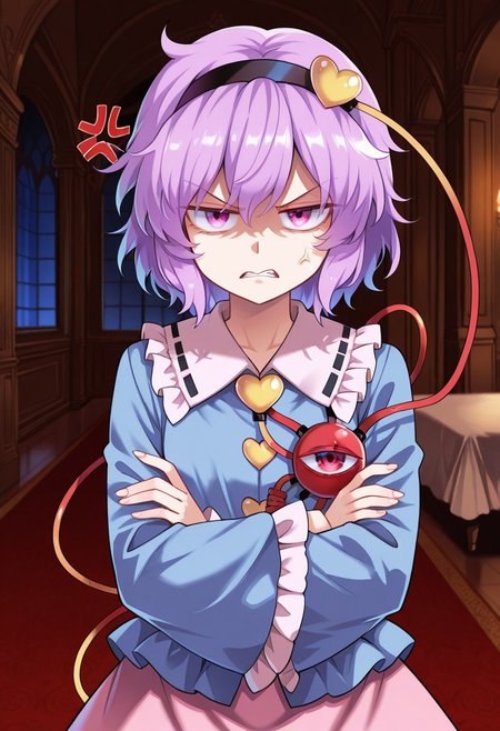 masterpiece, best quality, amazing quality, very aesthetic, absurdres ,(beautiful detailed eyes),indoors, palace, night, livingroom,solo,1girl,satori Komeiji (Touhou),third eye, angry, crossed arms, anger vein,light purple hair, pink eyes, hairband, blue shirt, pink skirt, frilled shirt collar, frilled sleeves,