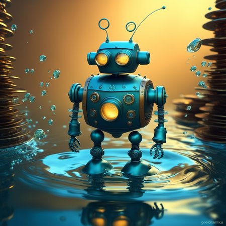 waterart, water, blurry, depth of field,<lora:waterart:1>, steampunk robot happy Funny cartoonish, by Gediminas Pranckevicius