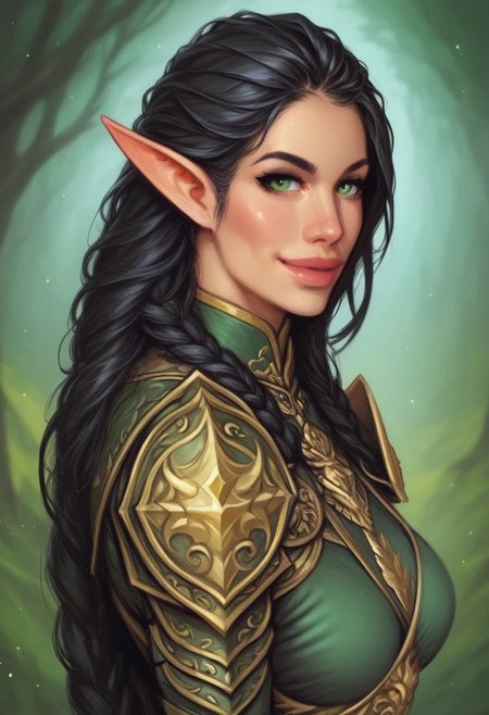 1girl, (((side view))), from front, 1girl, illustration, comic style, highly detailed, skinny, model body, looking at viewer, 1girl, masterpiece, best quality, naestra, solo, pointy ears, black hair, long hair, elf, 1girl,  green eyes, half face mask, <lora:Naestra:1.3>, (((dynamic pose)))
BREAK
(((Warhammer Fantasy Battle style)))
((Elven gold Lamellar armor)), green clothes, ((((elven sword in hand)))), dynamic pose, ready to fight
BREAK
slight smile, looking at viewer
long hair, black hair, big hair, green eyes
best quality, depth of field, bokeh, (((full clothed))), dynamic pose
BREAK 
(wild forest:1.2) score_9, score_8_up, score_7_up, score_6_up, source_cartoon, rating_explicit, Expressiveh, ((((upper body))))), dynamic pose, dynamic pose