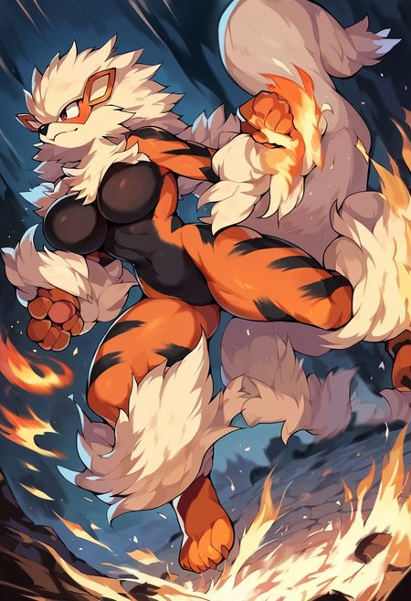 score_9, score_8_up, score_7_up, score_6_up, source_furry, dof, full-length portrait, solo, blurred background,  <lora:POKEMON_ARCANINE:1> 1girl, large breasts, no nipples, no privates, arcanine, pokemon (creature), cinematic, action, motion blur, dynamic angle, fire
