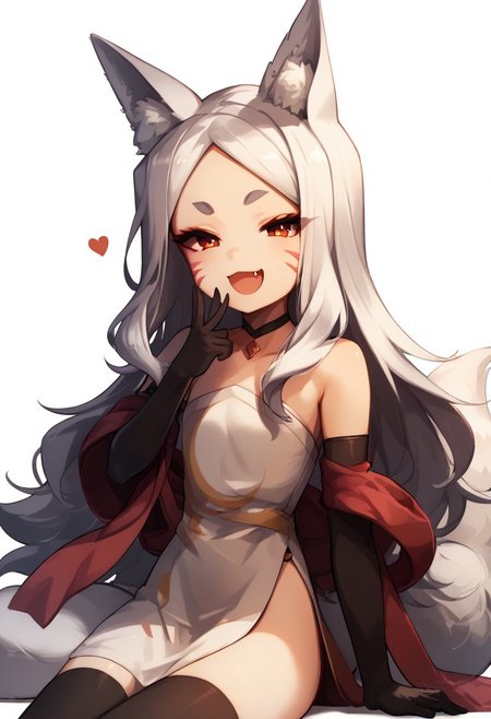 masterpiece, best quality, score_9, score_8_up, score_7_up, score_6_up, 18year old, mesugaki, smug, skin fang, hand to own mouth,Expressiveh,Shiro,
1girl, solo, gloves, thighhighs, elbow_gloves, dress, animal_ears, black_gloves, long_hair, black_thighhighs, red_eyes, fox_shadow_puppet, strapless_dress, fox_ears, white_dress, white_background, strapless, facial_mark, smile, simple_background, open_mouth, animal_ear_fluff, fox_girl, tail, short_eyebrows, choker, fox_tail, thick_eyebrows, looking_at_viewer, bare_shoulders, :d, shawl, very_long_hair, sitting, fang, black_choker