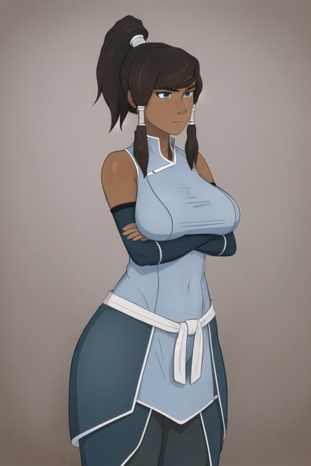 masterpiece, best quality, <lora:CummyBender:.65>, cummy bender, 1girl, solo, long hair, breasts, blue eyes, large breasts, brown hair, bare shoulders, ponytail, detached sleeves, dark skin, dark-skinned female, hair tubes, crossed arms,