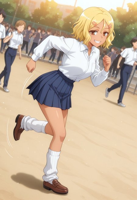 1girl, solo, masterpiece, best quality, newest, absurdres, CG, anime, source anime, illustration, very aesthetic, high resolution, ultra-detailed, newest, scenery, medium depth of field, rule of thirds, masterpiece-level, clean lines, sharp, focused subject, 
BREAK 1girl, ((solo)), Sakura_LW, anime screenshot, blonde hair, short hair, hair ornament, hairclip, dark skin, dark-skinned female, brown eyes, gyaru
skirt, school uniform, shirt, long sleeves, pleated skirt, white shirt, blue skirt, shirt_partially_tucked_in, white socks, loose socks, brown footwear
dynamic pose, running, winning pose, smiling, grin, teasing, full body
outdoors, school yard, day, sunny, busy, crowd
motion lines, from both sides, cinematic angle, various angles, detailed background, beautiful background, (rays light:1.0),(grow:1.0), light particles