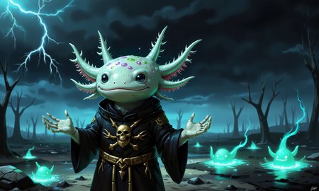 (digital artwork in the style of ckgf:1.25), (axolotl:0.9), dramatic close-up of an axolotl necromancer in a desolate, stormy wasteland, its eyes glowing faintly as it raises a skeletal hand; around it, ghostly blue and green spirits swirl through the air, trailing wisps of magical light; the barren ground is cracked and glowing faintly with cursed sigils, and the dark clouds above are split by flashes of lightning, illuminating the axolotlâs dark robes adorned with skull-like motifs<lora:Axomodel_Flux_V1.1.safetensors:0.9:0.9> <lora:ck-Goro-Fujita-000019.safetensors:1.25:1.25> <lora:PCB_Image_Enhancer_for_FLUX.safetensors:0.5:0.5>