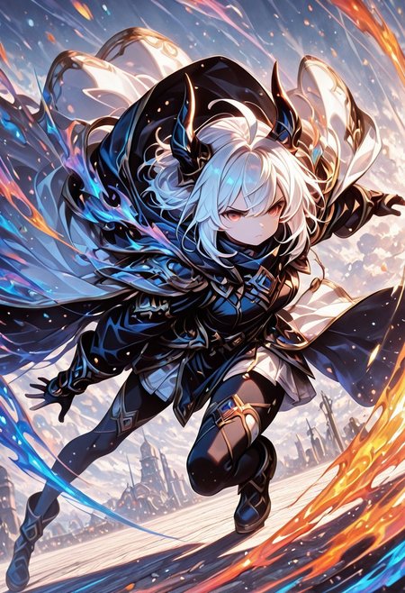 masterpiece, best quality, ultra-detailed, 64K, high resolution, official art, fantasy illustration, very aesthetic, highly detailed, beyond intricately detailed, stylized, stunning, smooth quality, colorful, digital artwork, HDR, raytracing, sidelighting, volumetric lighting, high contrast, dramatic shadows, depth of field, vanishing point, sharp focus, (full body:1.2), FACV2, highly detailed face, character-focused scene, action shot, 
(1girl, 
long sleeves, ahoge, angry eyes, Set023, multicolored hair, white hair, Set028, arms at sides, cloak, alternate costume, fake horns, 
action-combat stance, dynamic pose)