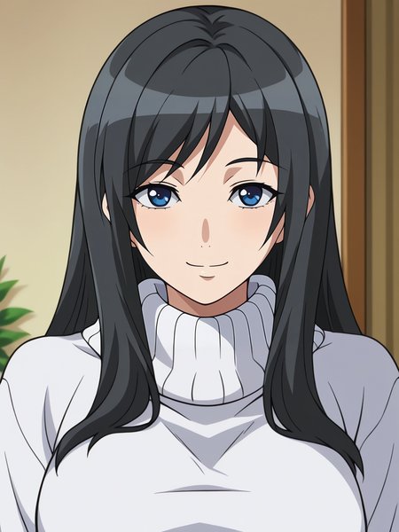 <lora:Nanami_Honda-Soredemo_Tsuma_wo_Aishiteru:0.8>,Nanami,mature female,1girl,solo,black hair,long hair,blue eyes,breasts,turtleneck,sweater,upper body,looking at viewer,indoors,smile