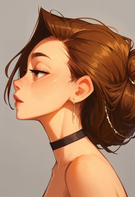 score_9,score_8_up,core_7_up, <lora:samdoesarts_pdxl_v1:1>  1girl, solo, jewelry, earrings, choker, grey background, profile, portrait, brown hair, simple background, black choker, from side