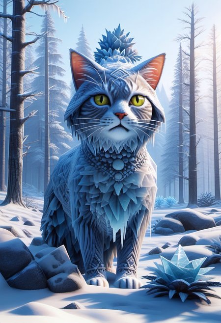 score_9, score_8_up, score_7_up, source_anime, deep colors, high quality, high resolution, detailed, highres, no humans, source_furry, 
fr0stwrld, snow, ice,
solo, cat, 
meadow mountain forest background,
n64zeldastyle, 3d, polygonal, full body,