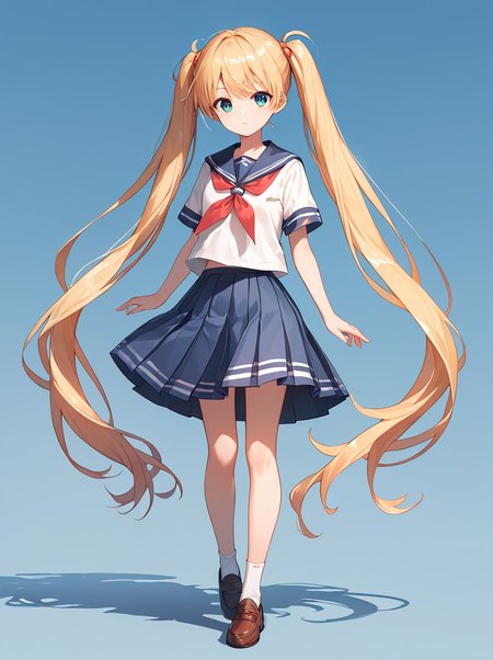score_9, score_8_up, score_7_up,source_anime, high res image,masterpiece,best quality,girl,cute face,clear skin,shiny hair,ultra detailed eyes,simple background,  <lora:long twintail_pony_V1.0:1.2> twintails,very long hair,full body,wind,school uniform