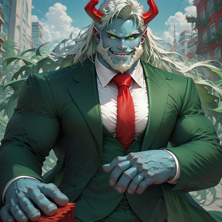 score_9, score_8_up, score_7_up, very tall man, giant, blue skin, long white beard, very muscular, green suit, green eyes, small red horns, red tie, (evil smile)