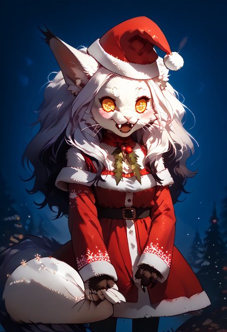 score_9, score_8_up, score_7_up, score_6_up, score_5_up, score_4_up, source_furry, rating_safe, 
fluffy_new_year, merry_furistmas, detailed eyes, zzPadoru, dress,, 
an anthro character Targath, very fluffy mane and tail, wearing a festive Santa hat and a cute dress, holding a sack, with a blush on her cheeks and a big smile with an open mouth, in a cheerful meme style.